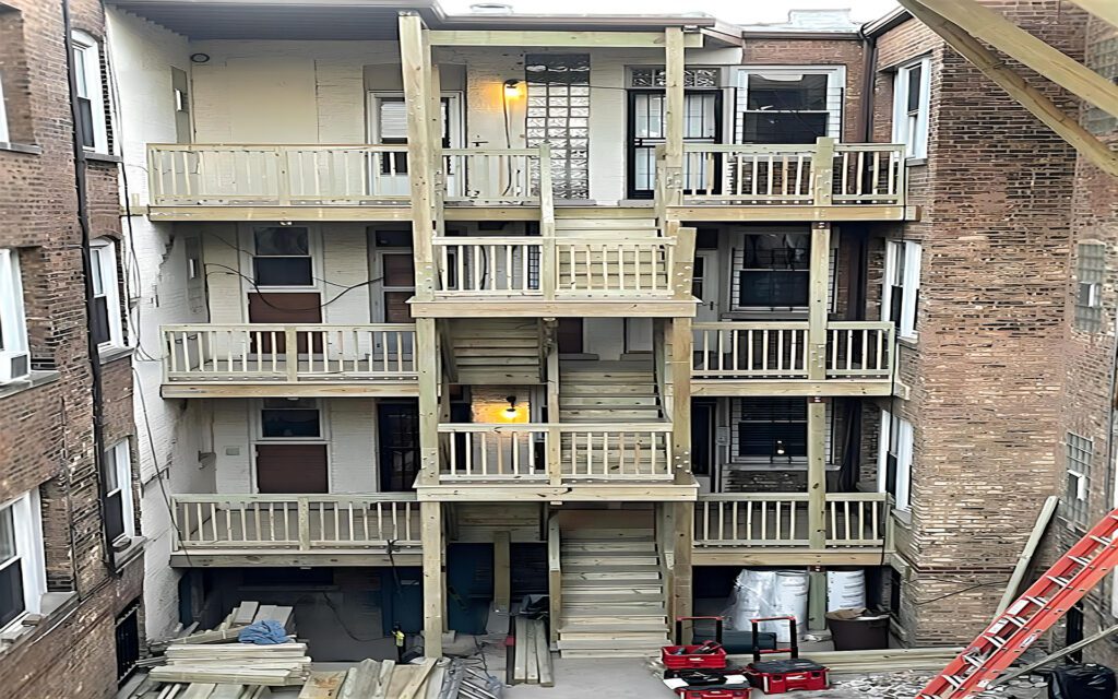 Tight view of a multi-level wooden porch with balconies on the back of a brick apartment building.(Home owners association