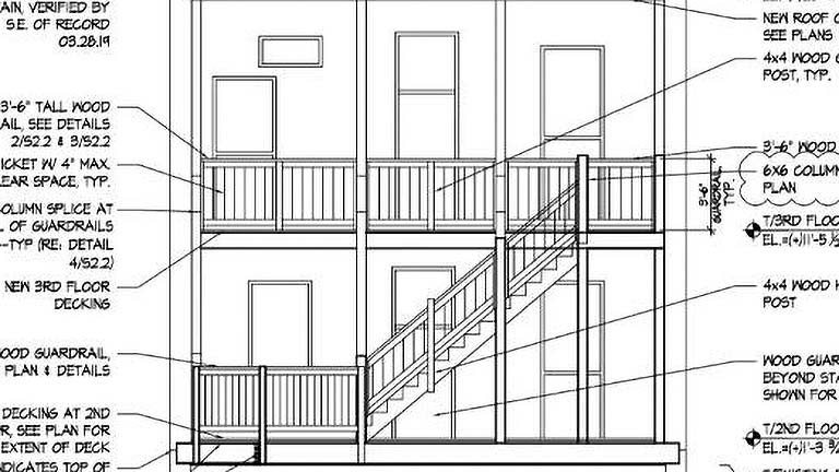 Architectural drawing of a multi-level deck with detailed annotations and measurements.